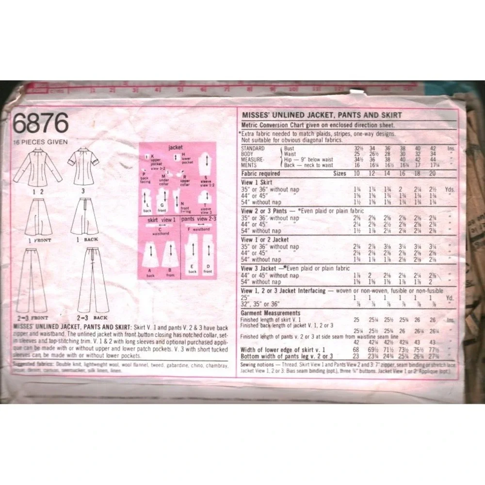 Vintage 1970s Simplicity 6876 Sewing Pattern Jacket Pants Skirt Size 14 Bust 36